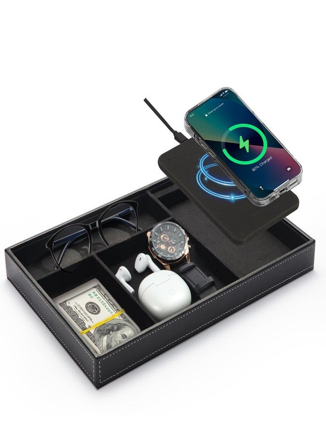 TopMade Valet Tray with Wireless Charging Pad Nightstand Organizer, Leather Desktop Storage Dresser Organizer Charging Station, Jewelry Box Catchall Bedside Vanity Tray for Men Women(Black) - Image 1