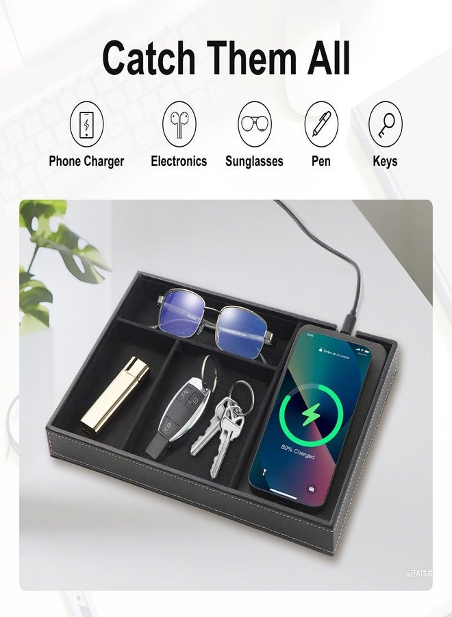 TopMade Valet Tray with Wireless Charging Pad Nightstand Organizer, Leather Desktop Storage Dresser Organizer Charging Station, Jewelry Box Catchall Bedside Vanity Tray for Men Women(Black) - Image 5