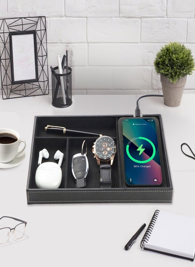 TopMade Valet Tray with Wireless Charging Pad Nightstand Organizer, Leather Desktop Storage Dresser Organizer Charging Station, Jewelry Box Catchall Bedside Vanity Tray for Men Women(Black) - Image 2
