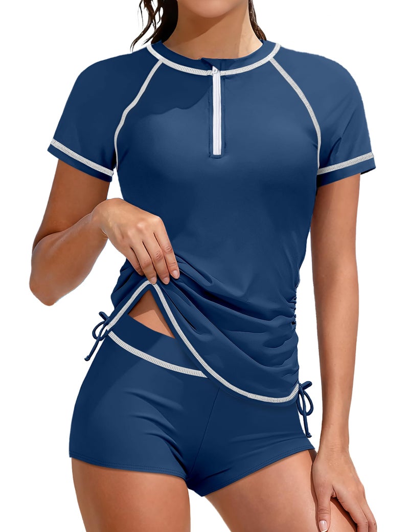 TyeSmo Girls Swimsuits Rash Guard Swimsuit 2 Piece Teen Swimsuits for Girls 12-14 Short Sleeve Solid Color Teen Bathing Suits for Girl 12-14 UPF 50+ Sun Protection Padded Zip Swimwear with Shorts - Image 1