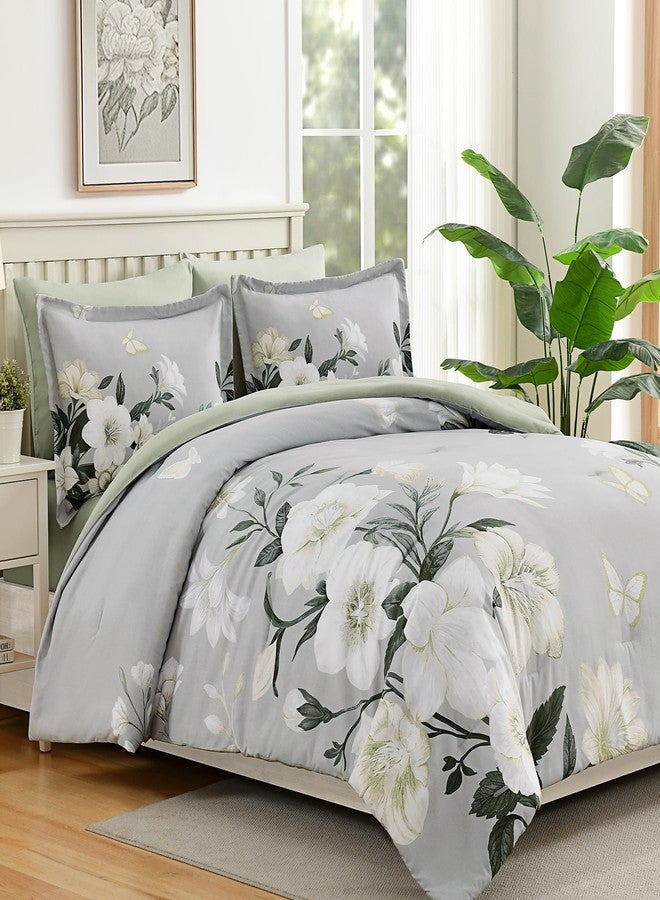 DHSFKBE King Size Comforter Set - 7 Pieces Floral Comforter Set, Elegant Sage Green Flower Bed in a Bag King Soft Microfiber Bedding Set for All Seasons (Sage Green,104"x90") - Image 2