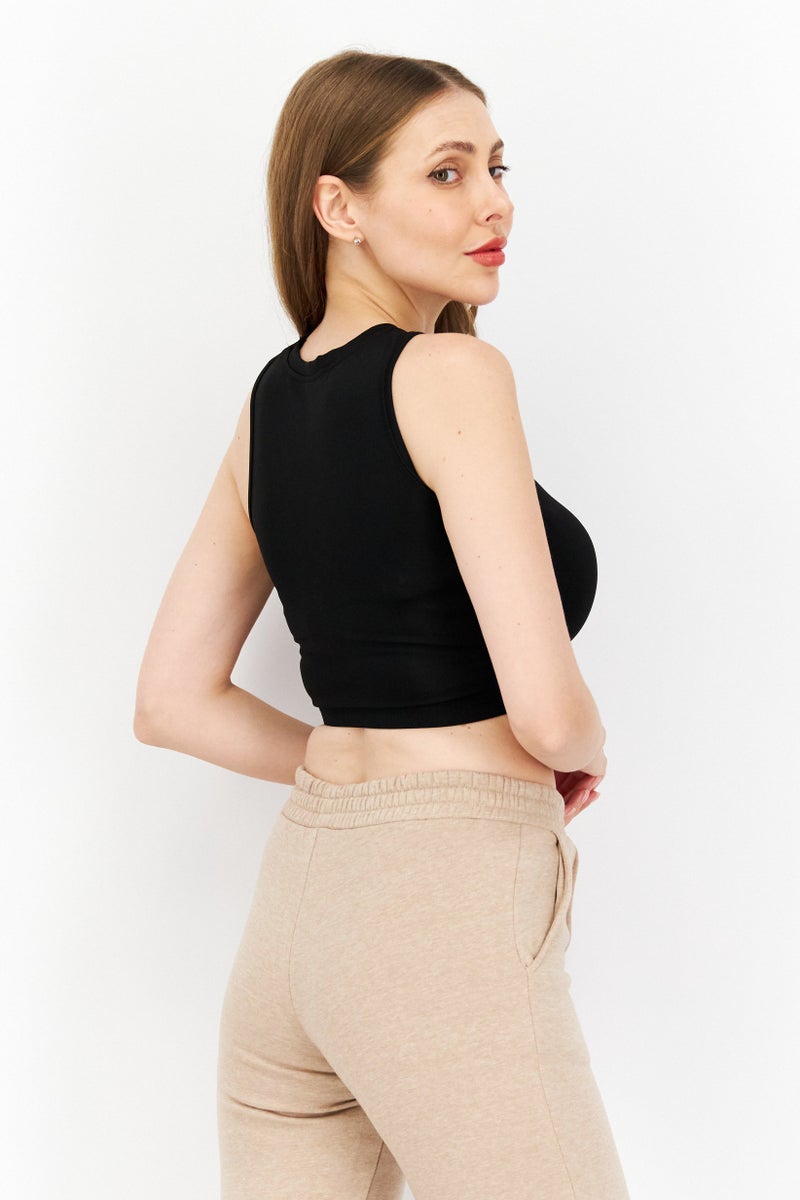 Ryder Act Women Crew Neck Sleeveless Solid Crop Top, Black  - Image 3