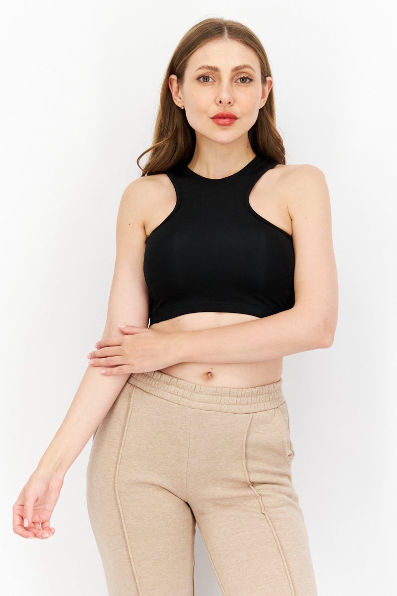 Ryder Act Women Crew Neck Sleeveless Solid Crop Top, Black  - Image 1