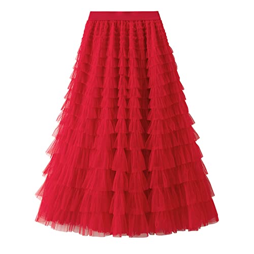 Dirholl Women's A-Line Fairy Patterned Elastic Waist Ruffle Tulle Layered Midi Skirt Tutu B Red - Image 1