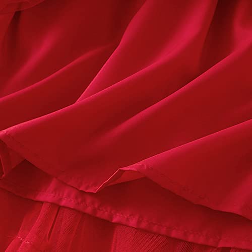 Dirholl Women's A-Line Fairy Patterned Elastic Waist Ruffle Tulle Layered Midi Skirt Tutu B Red - Image 5
