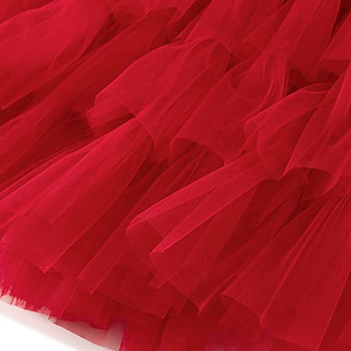 Dirholl Women's A-Line Fairy Patterned Elastic Waist Ruffle Tulle Layered Midi Skirt Tutu B Red - Image 4