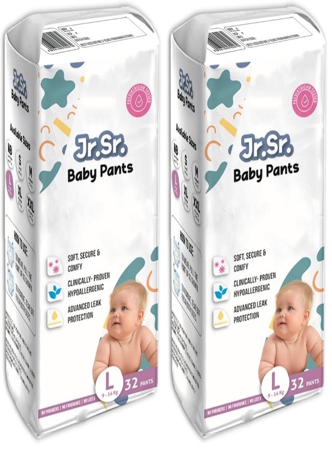 Jr. Sr. Baby Diaper Pants with Advanced Leak Protection | Soft & Comfortable| Large | 9-14 Kg | 32 Counts | Pack of 2