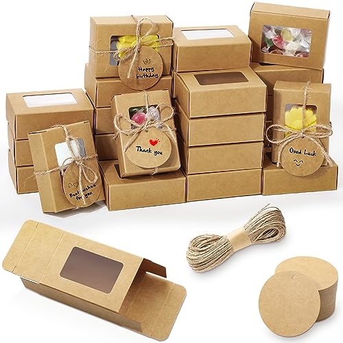 Zhanmai 100 Set Brown Small Soap Boxes for Homemade Soap 335 x 236 x 12 Inch Paper Packaging Boxes with Window with 100 Tag and Twine Gift Wrapping Supplies for Bakery Candy Cookies Party Favors - Image 1