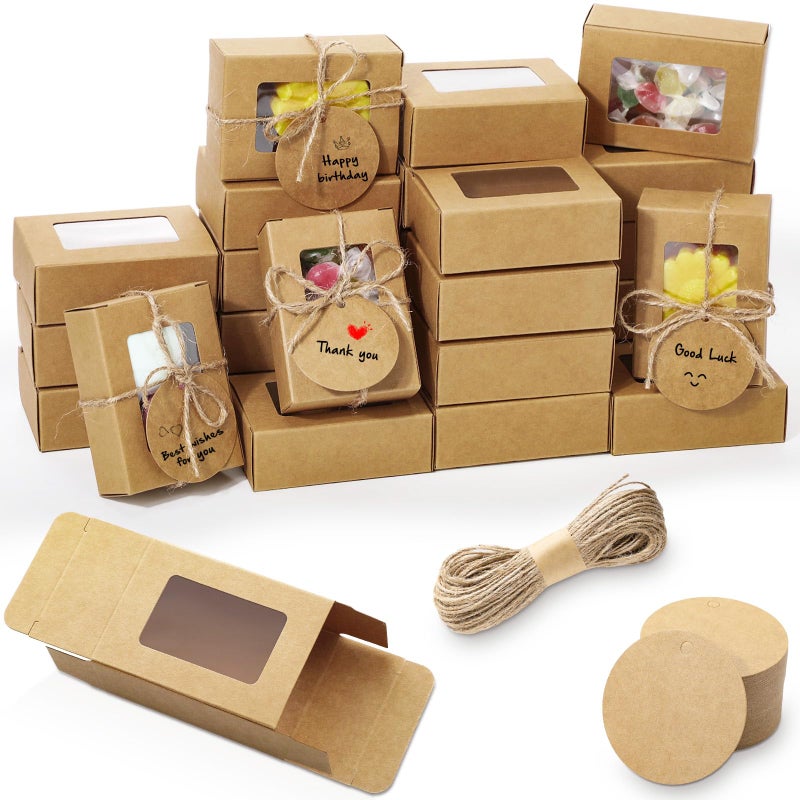 Zhanmai 100 Set Brown Small Soap Boxes for Homemade Soap 335 x 236 x 12 Inch Paper Packaging Boxes with Window with 100 Tag and Twine Gift Wrapping Supplies for Bakery Candy Cookies Party Favors - Image 2