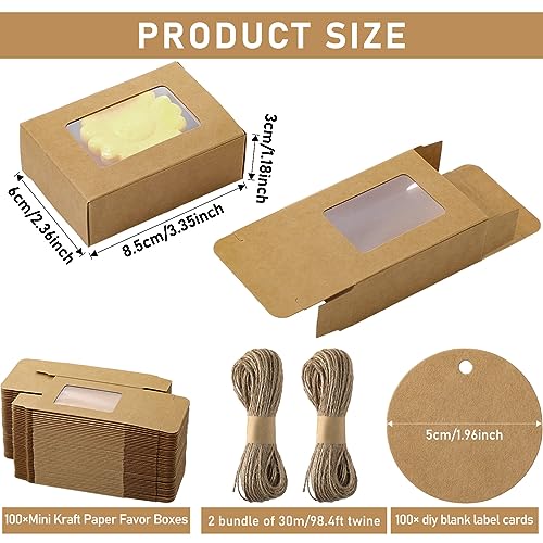 Zhanmai 100 Set Brown Small Soap Boxes for Homemade Soap 335 x 236 x 12 Inch Paper Packaging Boxes with Window with 100 Tag and Twine Gift Wrapping Supplies for Bakery Candy Cookies Party Favors - Image 3