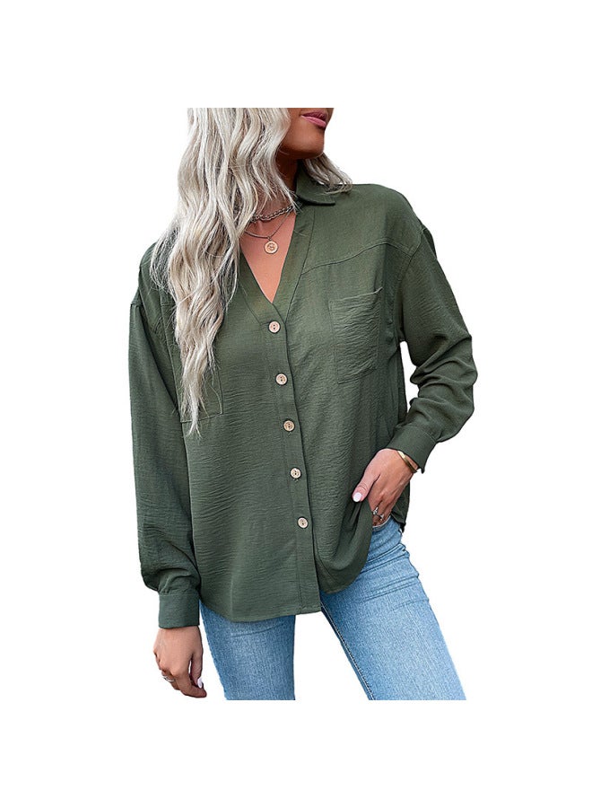 Song Feng Ya Autumn Casual Solid Color Women's Clothing Lapel Green Shirt Women - Image 5