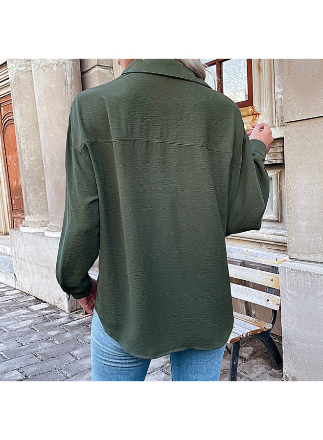 Song Feng Ya Autumn Casual Solid Color Women's Clothing Lapel Green Shirt Women - Image 4