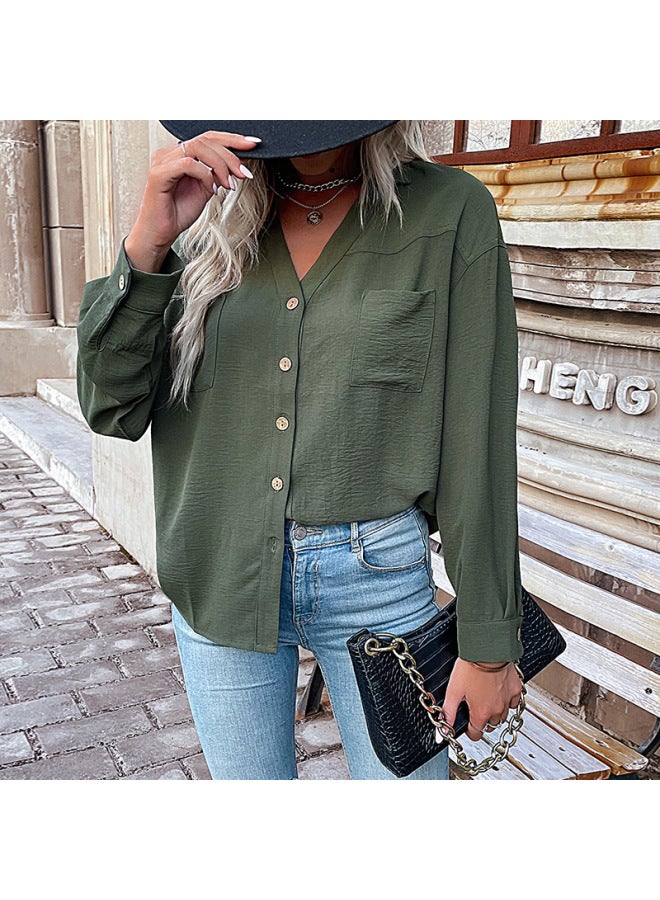Song Feng Ya Autumn Casual Solid Color Women's Clothing Lapel Green Shirt Women - Image 2