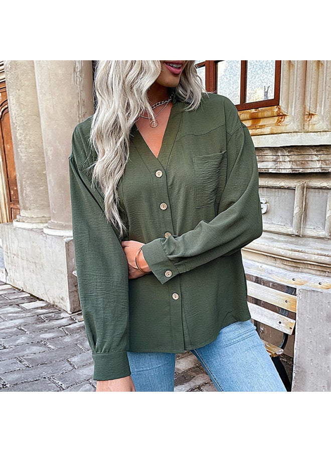Song Feng Ya Autumn Casual Solid Color Women's Clothing Lapel Green Shirt Women - Image 1