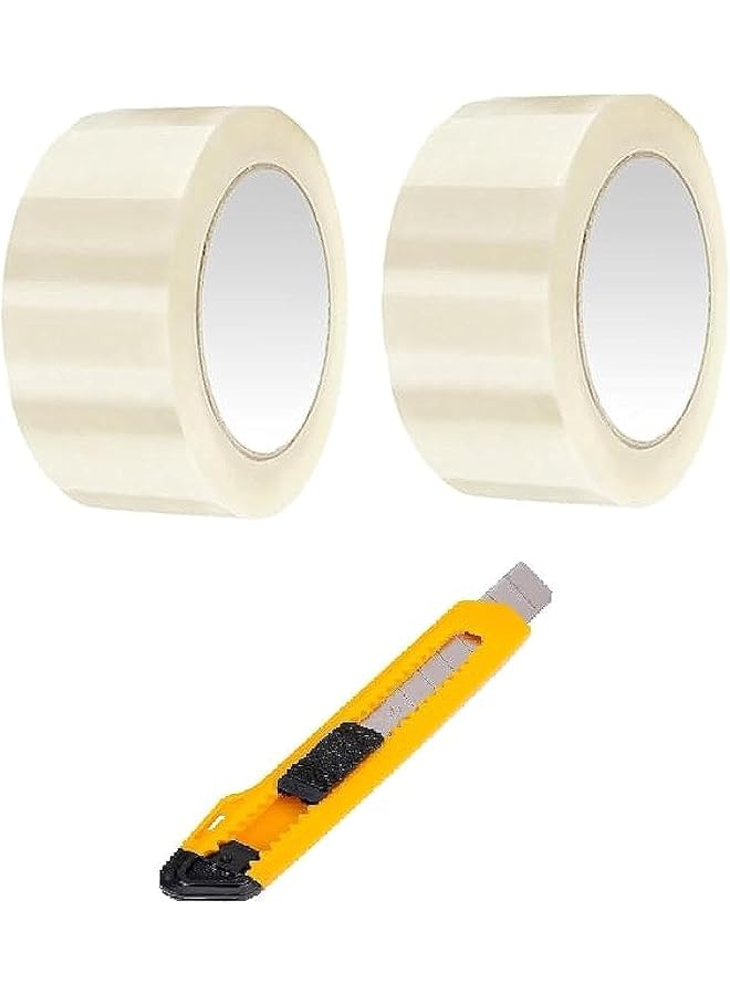 PROMASS Pack of 2 Heavy Duty Clear Packing Tape (2 Inch Wide x 100 Yards) with Auto Lock Handy Cutter for Office, Shipping, Moving and Storage - Image 1