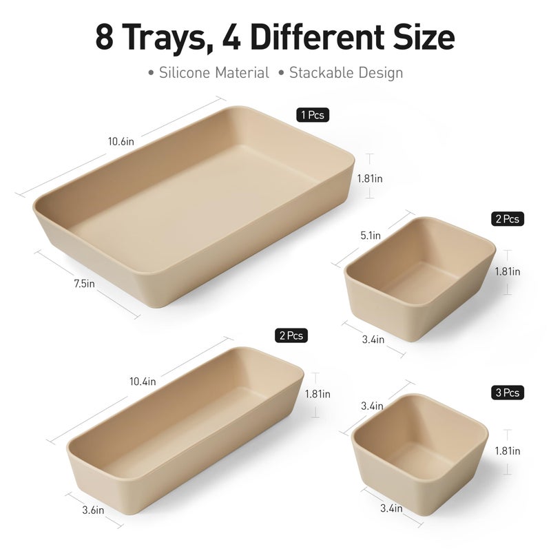 ISSEVE 8Pcs Nesting Silicone Drawer Organizer Trays, 4 Size Versatile Vanity Bathroom & Desk Drawer Organizer Set Storage Bins for Office,Kitchen,Nightstand,Beige - Image 2