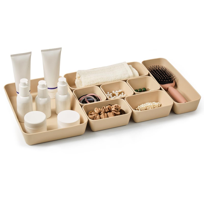 ISSEVE 8Pcs Nesting Silicone Drawer Organizer Trays, 4 Size Versatile Vanity Bathroom & Desk Drawer Organizer Set Storage Bins for Office,Kitchen,Nightstand,Beige - Image 1