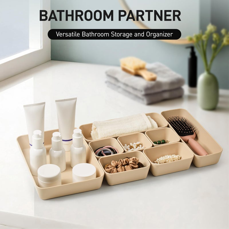 ISSEVE 8Pcs Nesting Silicone Drawer Organizer Trays, 4 Size Versatile Vanity Bathroom & Desk Drawer Organizer Set Storage Bins for Office,Kitchen,Nightstand,Beige - Image 4