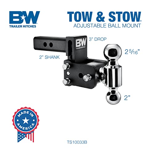 B&W Trailer Hitches وصلة سحب قابلة للتعديل من B&W - تناسب موصل 2 بوصة، كرة مزدوجة (2 بوصة × 2-5/16 بوصة)، انخفاض 3 بوصات، 10,000 GTW - TS10033B - Image 2