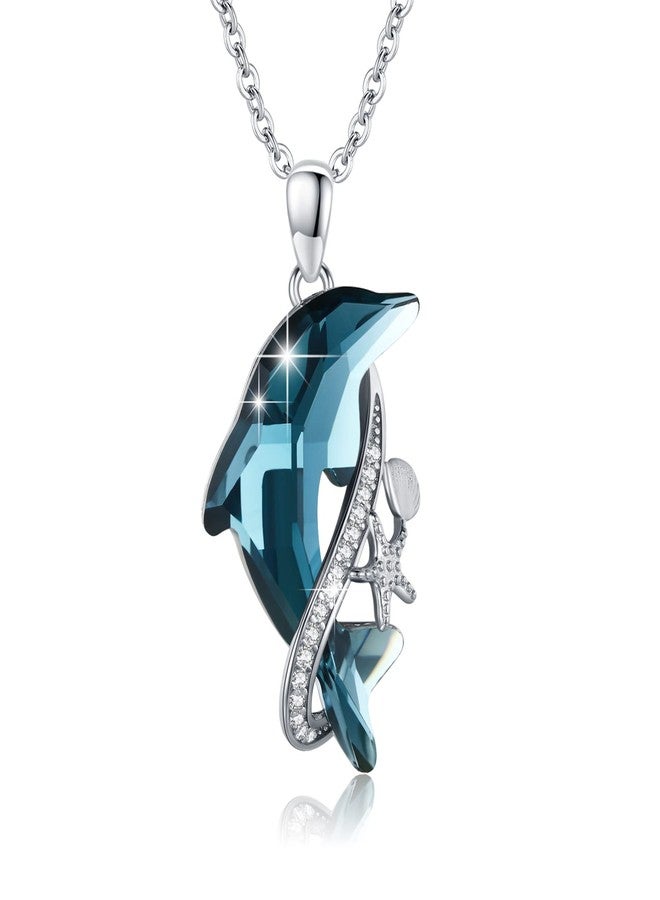 Cuoka Sterling Silver Dolphin Pendant Necklace Blue Crystal Dolphins Jewelry Summer Beach Themed Gifts for Women Birthday Christmas Mothers Day Graduation - Image 1
