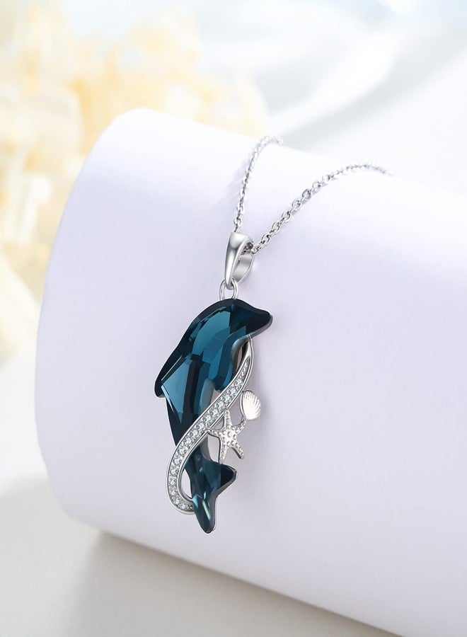 Cuoka Sterling Silver Dolphin Pendant Necklace Blue Crystal Dolphins Jewelry Summer Beach Themed Gifts for Women Birthday Christmas Mothers Day Graduation - Image 3