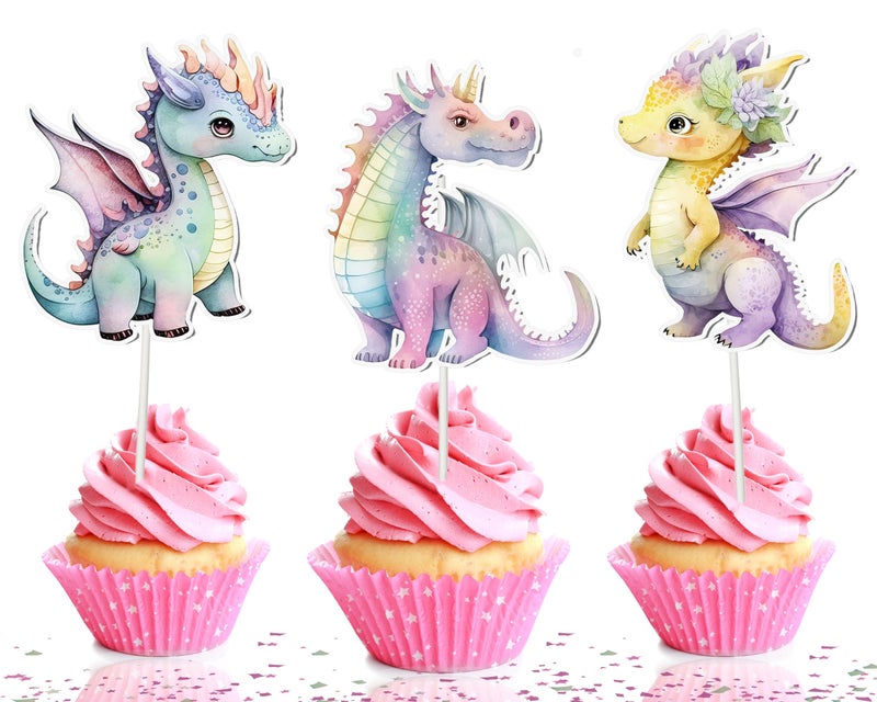 PC 10 قطع من زينة كعك الكب كيك بتصميم تنانين وردية - لمسات ساحرة لاحتفالك! - Image 1