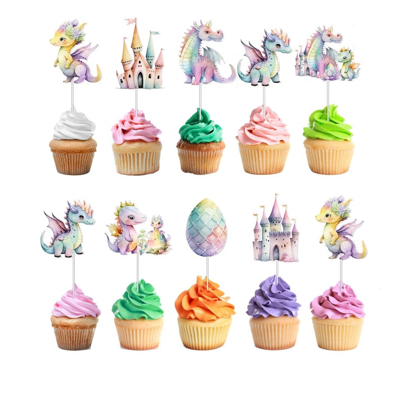 PC 10 قطع من زينة كعك الكب كيك بتصميم تنانين وردية - لمسات ساحرة لاحتفالك! - Image 2