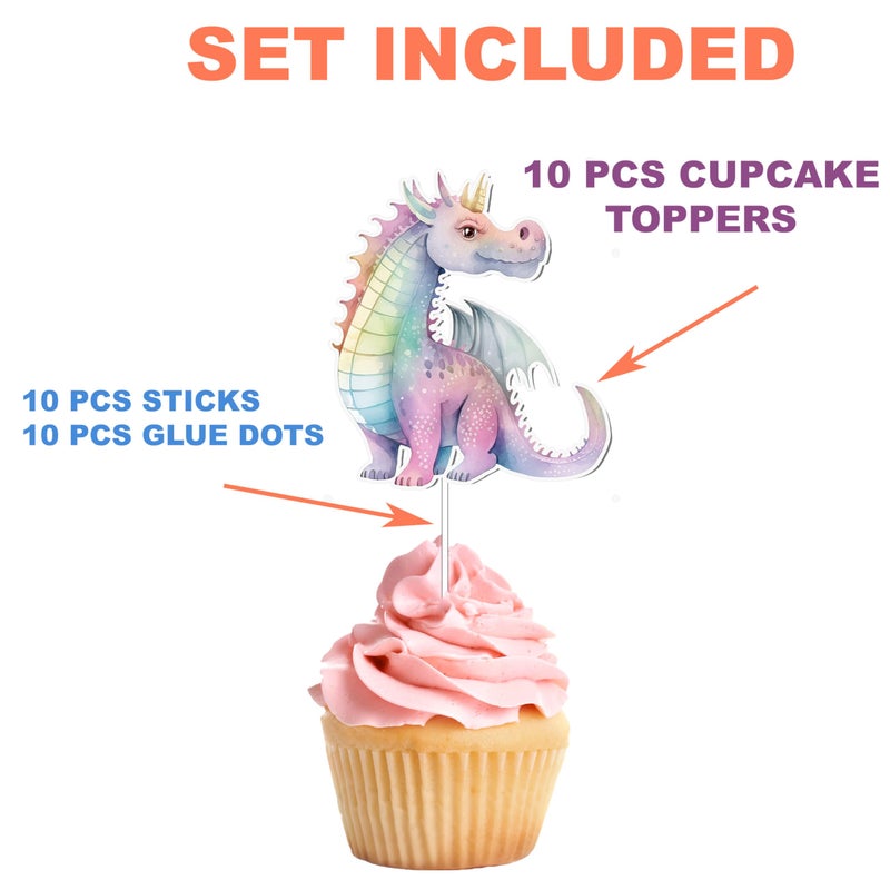 PC 10 قطع من زينة كعك الكب كيك بتصميم تنانين وردية - لمسات ساحرة لاحتفالك! - Image 4