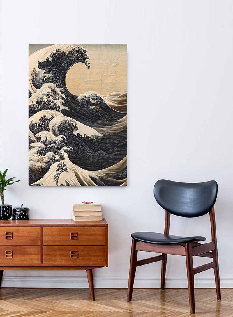 LOWHA Framed Canvas Wall Art Stretched Over Wooden Frame, Black Storm Waves Painting, For Home, Living Room, Office Decor - Image 4