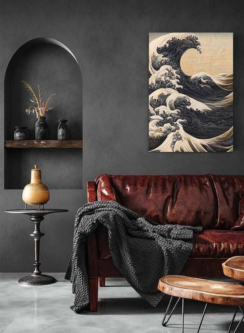 LOWHA Framed Canvas Wall Art Stretched Over Wooden Frame, Black Storm Waves Painting, For Home, Living Room, Office Decor - Image 2