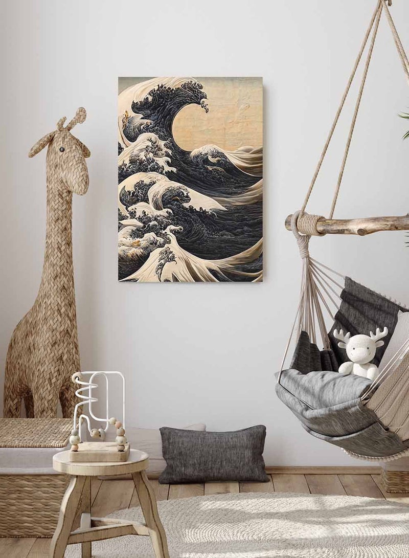 LOWHA Framed Canvas Wall Art Stretched Over Wooden Frame, Black Storm Waves Painting, For Home, Living Room, Office Decor - Image 3