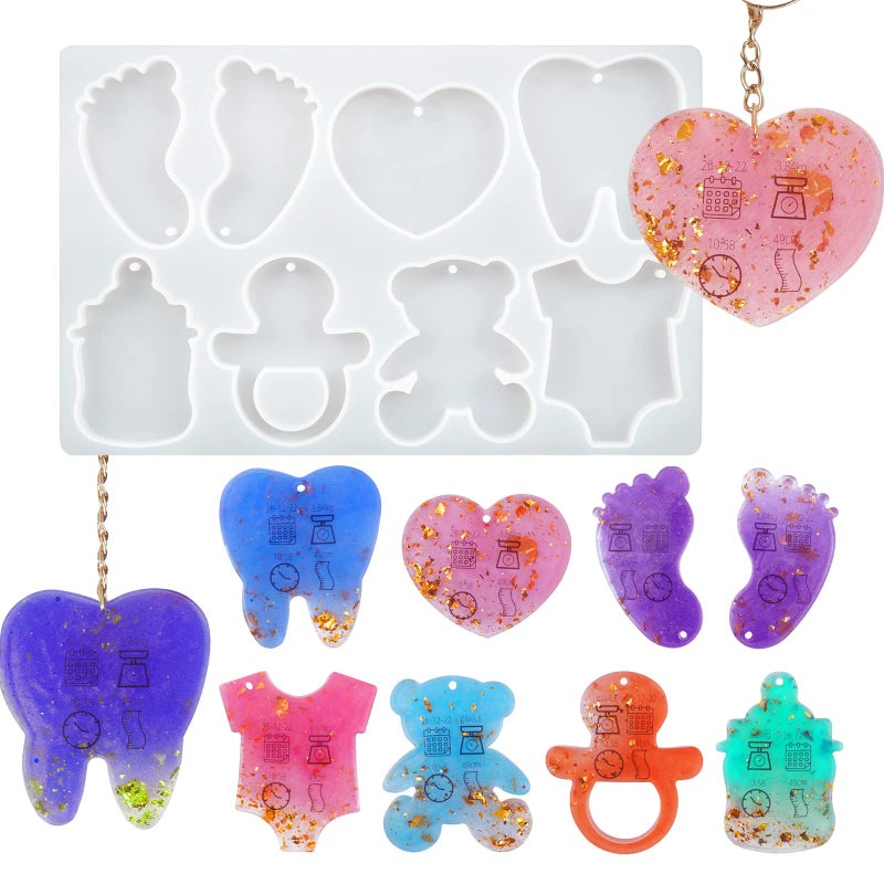 Japleed Baby Day Keychain Silicone Mold Cute Resin Mold Footprints Teeth Pendant Mold Bear Heart Shaped Decor Mould for Epoxy Resin Casting Polymer Plaster Clay Baby Memory Art Craft Charm Making