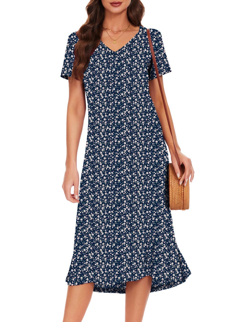 VOBCTY Women's Casual Short Sleeve Tshirt Dress Summer Side Split Loose V Neck Dresses(64B,Large) - Image 1
