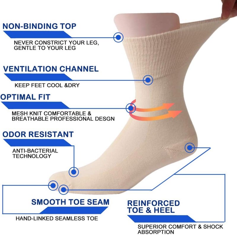 Facool NonBinding Top Diabetic Socks Men Women Comfort Smooth Seamless Toe Sensitivity Wide Medical Crew MidCalf Socks for EdemaDiabetesNeuropathyCirculationSwelling 6 Pairs Beige XLarge - Image 2
