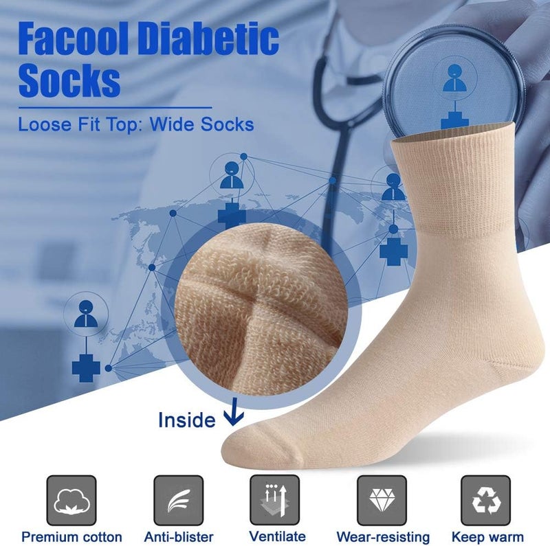 Facool NonBinding Top Diabetic Socks Men Women Comfort Smooth Seamless Toe Sensitivity Wide Medical Crew MidCalf Socks for EdemaDiabetesNeuropathyCirculationSwelling 6 Pairs Beige XLarge - Image 3