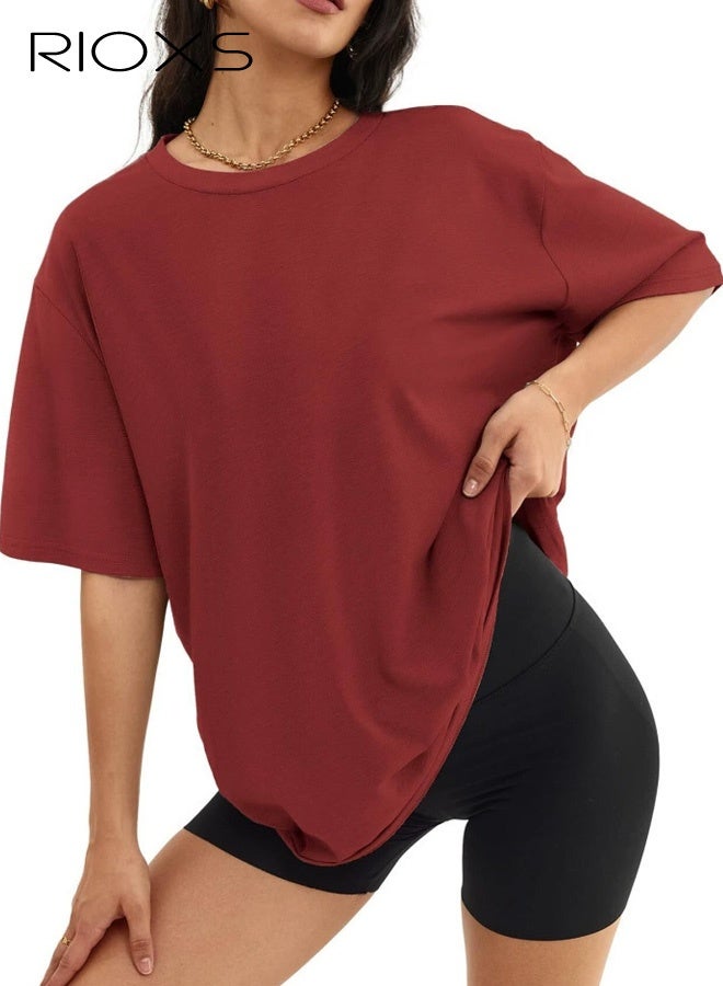 RIOXS Women's Oversized T-shirts, Loose Fit Short Sleeve Tee Shirts, Trendy Soft Crewneck Tops, Basic Tee Solid Color T Shirts for Women, Trendy Casual Blouse, Comfy Breathable Ladies Tees for Daily Wear, Office, Running, Sport, Gym, Skating, Womens Clothing Gift for Your Family and Friends - Image 1