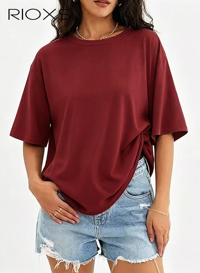 RIOXS Women's Oversized T-shirts, Loose Fit Short Sleeve Tee Shirts, Trendy Soft Crewneck Tops, Basic Tee Solid Color T Shirts for Women, Trendy Casual Blouse, Comfy Breathable Ladies Tees for Daily Wear, Office, Running, Sport, Gym, Skating, Womens Clothing Gift for Your Family and Friends - Image 2