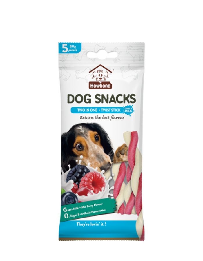 Howbone Two-in-One Twist Stick Dog Treats – Goat’s Milk & Mixberry, Healthy Natural Chew Snack – 80g (5pcs) - Image 1