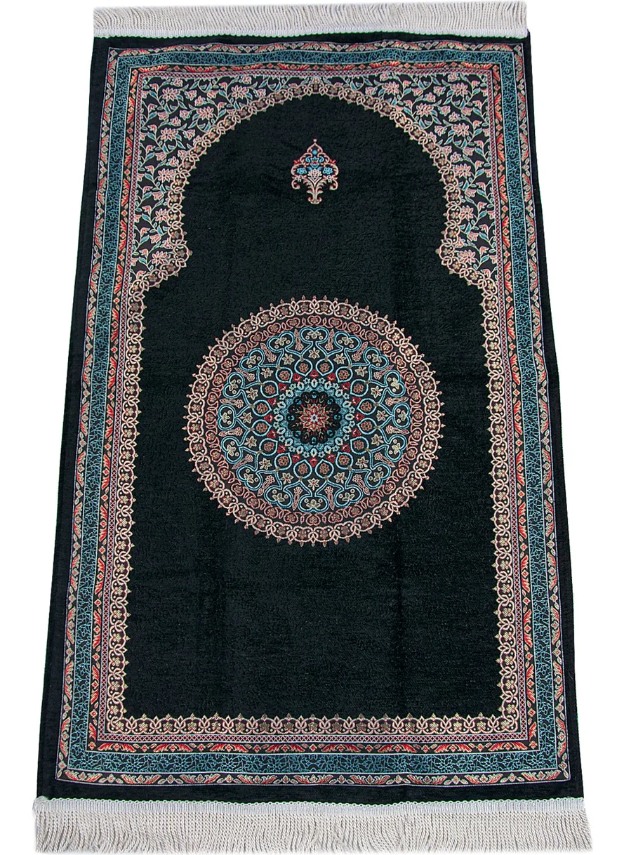 İhvan Online Black Traditional Motif Knitted Fringed Mihrab Lined Chenille Prayer Rug