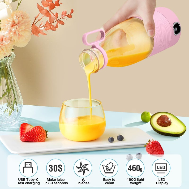 خلاط DoubleCare المحمول، خلاط صغير كهربائي بـ 6 شفرات مع شاشة LED، 350 مل خلاط صغير للعصائر والمخفوقات، بطارية شحن 3000 مللي أمبير، للعائلة، الخارج، الرياضة والسفر، وردي - Image 3
