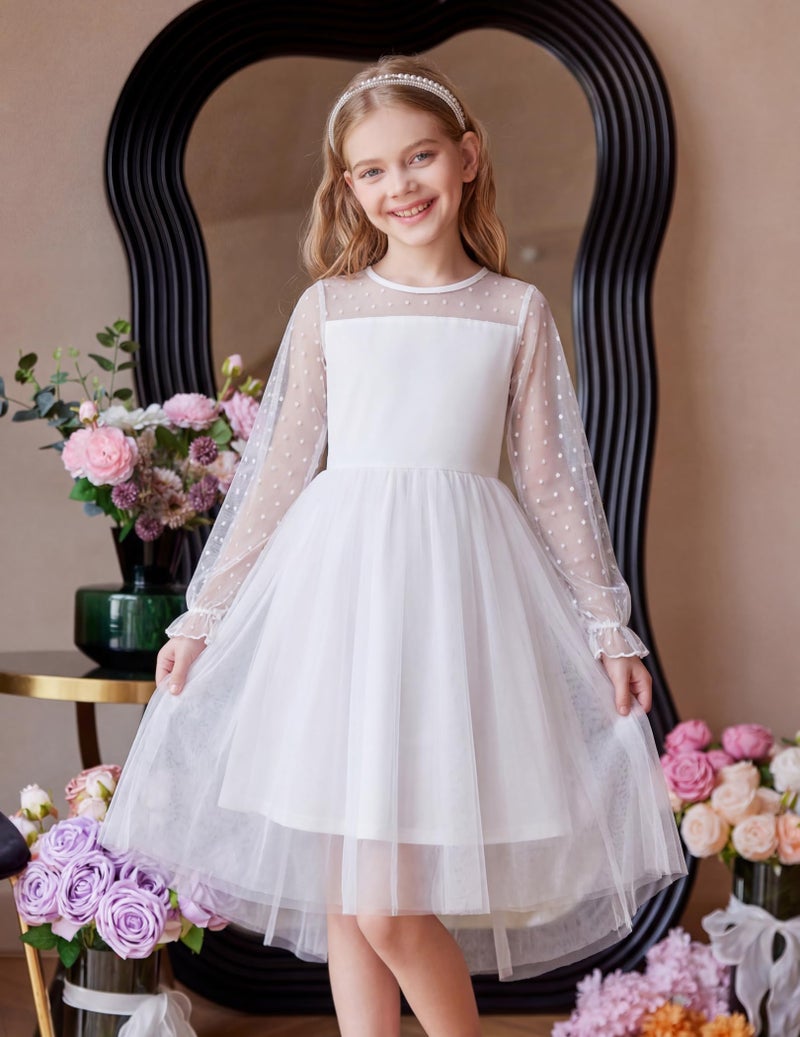 Arshiner White Dress for Tween Girls Long Sleeve Flower First Communion Wedding Dresses Size 10-12 - Image 3