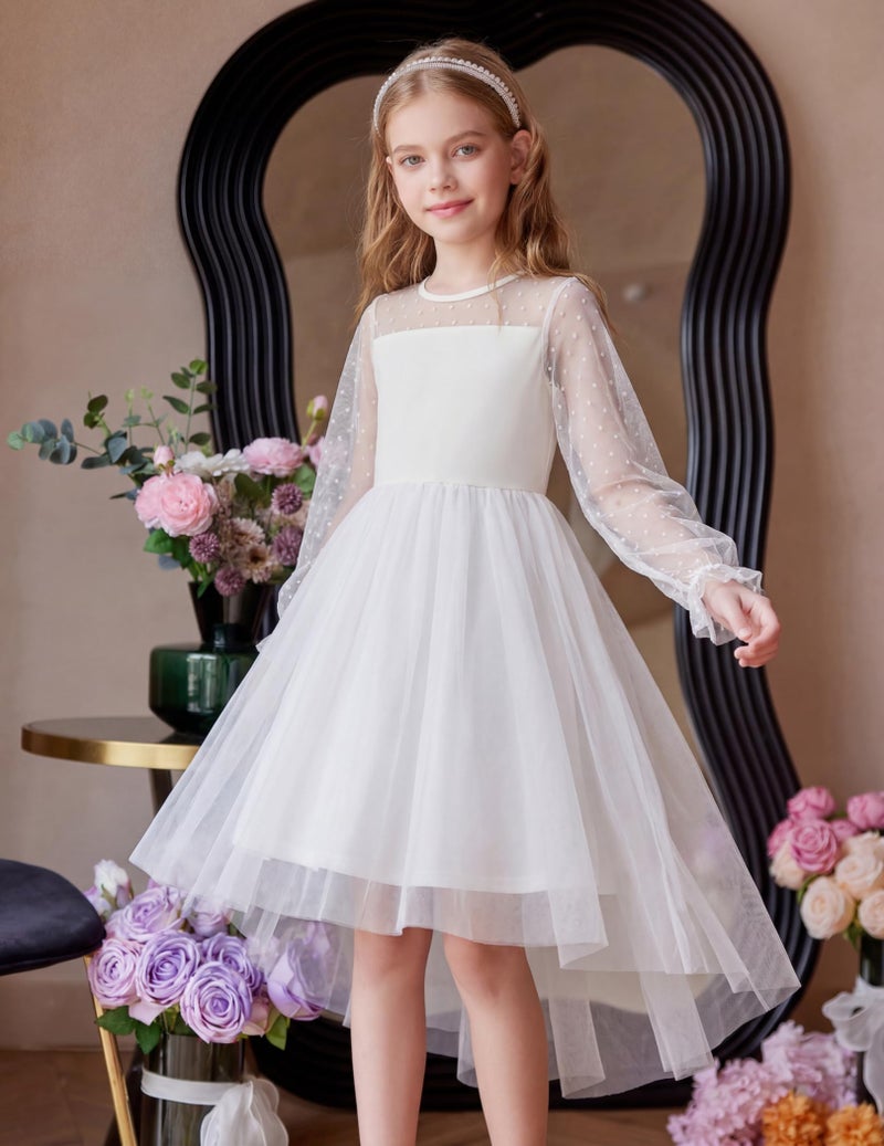Arshiner White Dress for Tween Girls Long Sleeve Flower First Communion Wedding Dresses Size 10-12 - Image 2