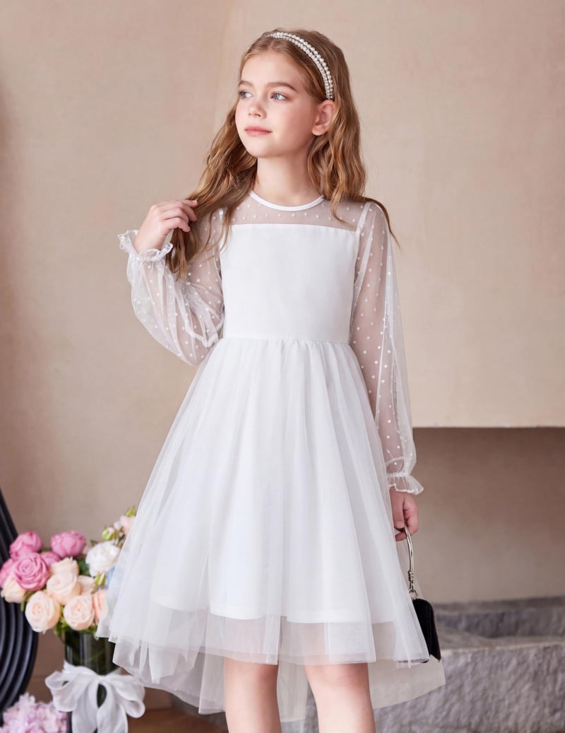 Arshiner White Dress for Tween Girls Long Sleeve Flower First Communion Wedding Dresses Size 10-12 - Image 4