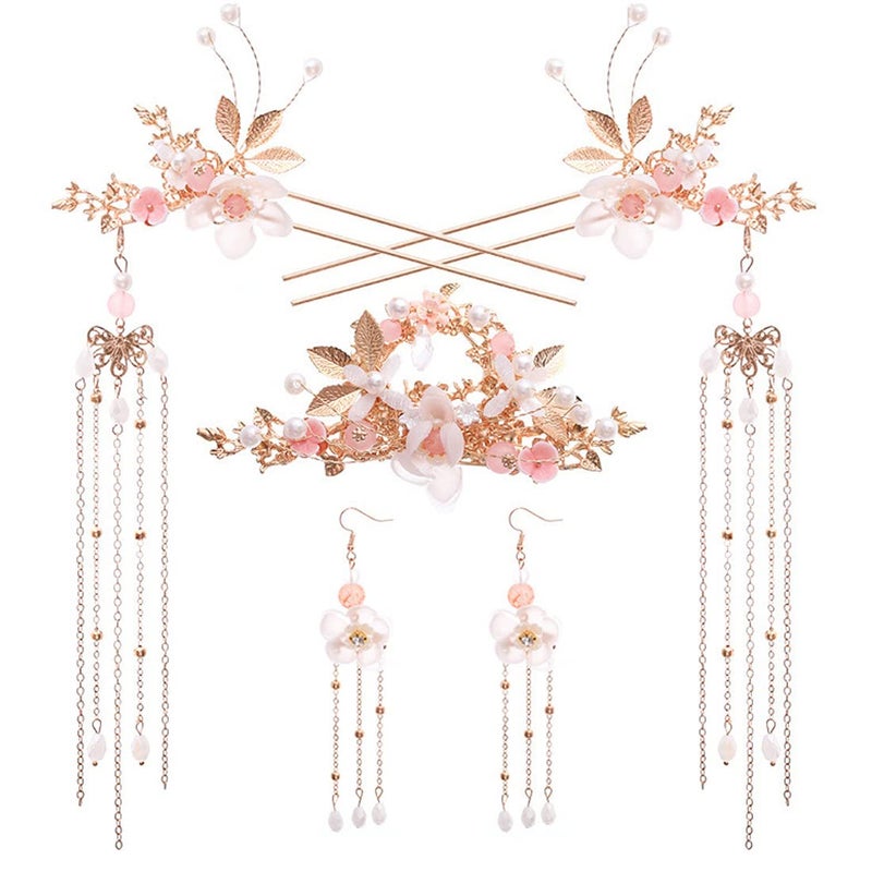 Engjajo Alloy Hair Sticks Pins Long Tassel Hanfu Chinese Hair CombEarrings Set of 1 Traditional Classical Style D