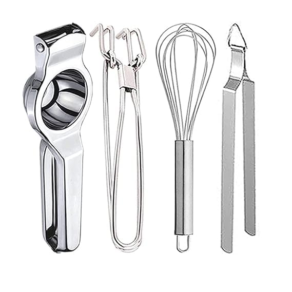 Awadh Stainless Steel Pakkad Lemon SqueezerHand Juicer Egg WhiskEgg Beater Roti ChimtaUtility Tong for Kitchen Silver Pack of 4 - Image 1
