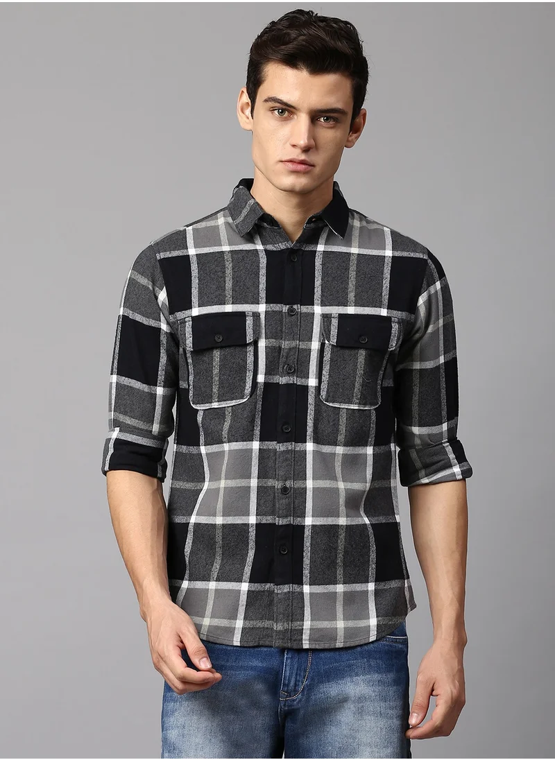 Dennis Lingo Slim Fit Black Men's Checkered Shirt, Spread Collar, Full Sleeves, 100% Cotton