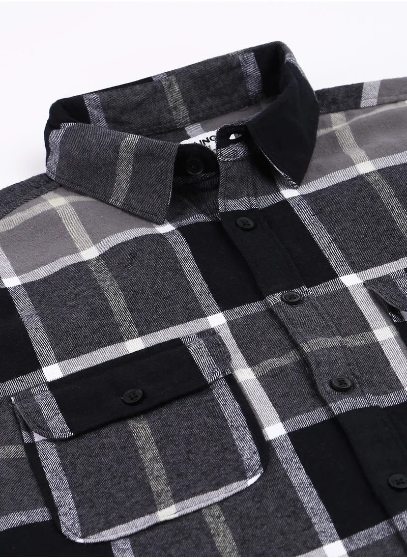 دينيس لينغو Slim Fit Black Men's Checkered Shirt, Spread Collar, Full Sleeves, 100% Cotton