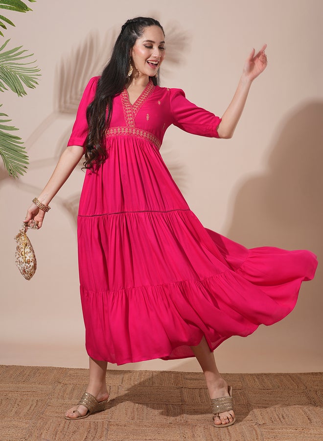 Globus Pink Embroidered V Neck Tiered Midi Festive Dress - Image 2