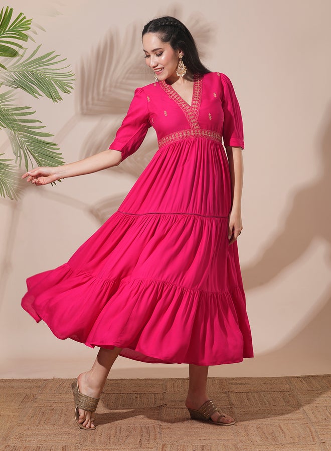 Globus Pink Embroidered V Neck Tiered Midi Festive Dress - Image 1