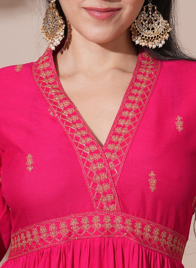 Globus Pink Embroidered V Neck Tiered Midi Festive Dress - Image 4
